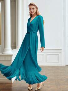 MOTF PREMIUM BELTED SATIN FRINGE-HEM DRESS - Teal Blue - View 1