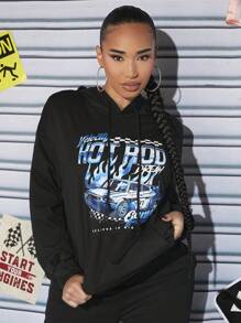 SHEIN SXY Car & Letter Graphic Drop Shoulder Drawstring Hoodie - Black - View 1