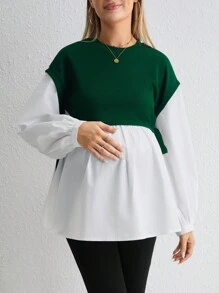 SHEIN Maternity Two Tone Drop Shoulder Knot Side 2 In 1 Blouse - Dark Green - View 3