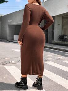 Flirla 大碼方領毛衣洋裝 - 棕色 - 查看 2