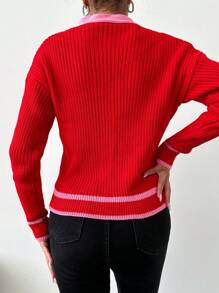 EURMUSE Viền tương phản Thả vai Áo len Mở - Đỏ - Xem 2