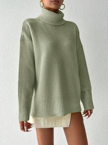 EURMUSE Turtleneck Drop Shoulder Sweater - Olive Green - View 4