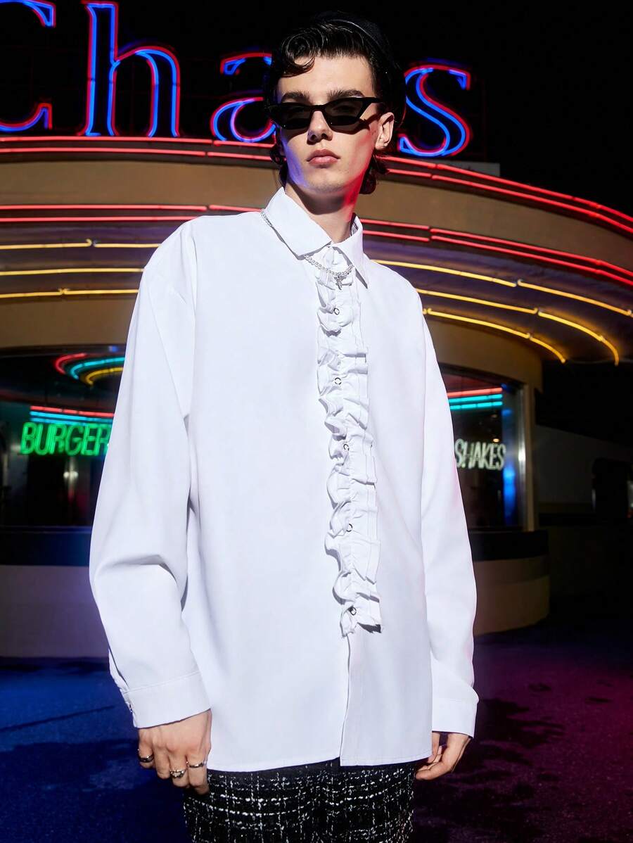 Manfinity AFTRDRK Camisa De Hombro Caído De Color Sólido Con Ribete De Volante Superdimensionado Para Hombre - Blanco - Ver 1