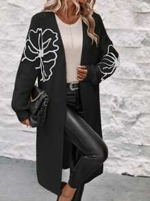 SHEIN Essnce 1入組花卉圖案落肩袖開襟開衫 - 黑色 - 查看 1