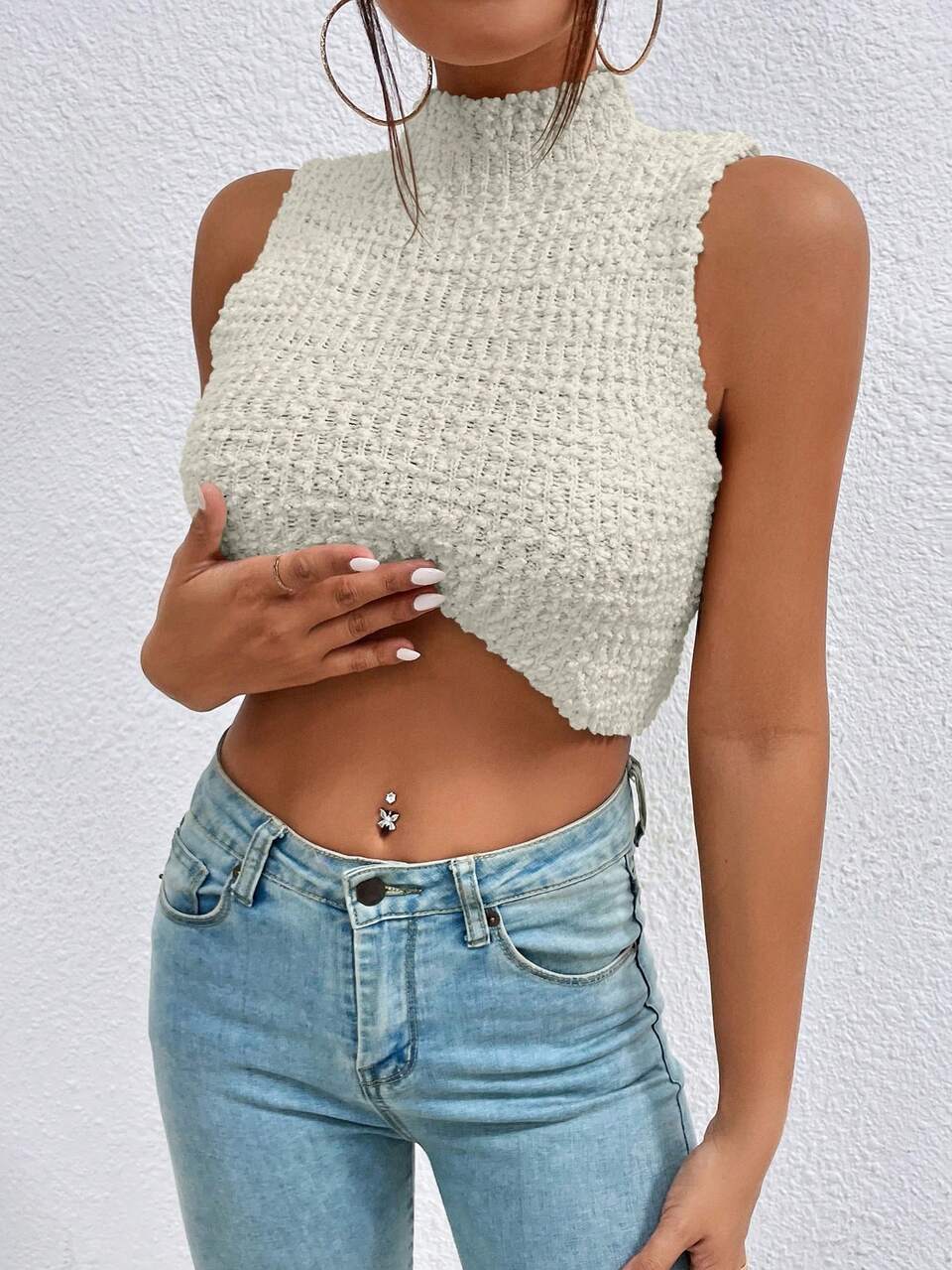 Solid Mock Neck Crop Sweater Vest