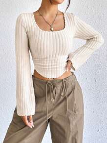 SHEIN EZwear Ren Mộc nhĩ Tay áo kèn  Viền không đối xứng Áo phông Crop - Màu Khaki - Xem 6