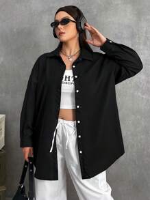 SHEIN EZwear Plus Letter Graphic Drop Shoulder Shirt - Black - View 6