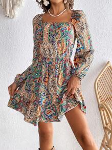 SHEIN VCAY Paisley Print Lantern Sleeve Dress - Multicolor - View 1