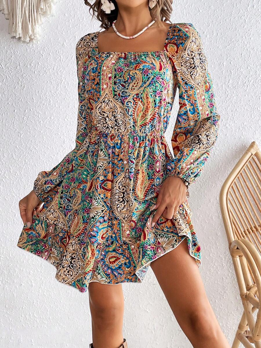 SHEIN VCAY Paisley Print Lantern Sleeve Dress - Multicolor - View 1