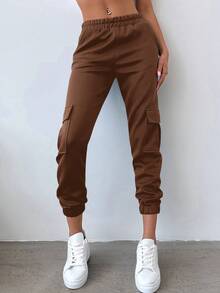 EURMUSE Women'S Elastic Waist Flap Pocket Tapered Joggers