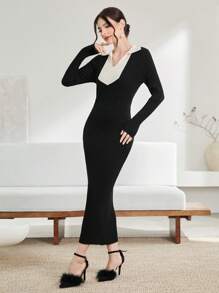 Modelyn Vestido de punto de cuello V tejido de canalé - Negro - Ver 5