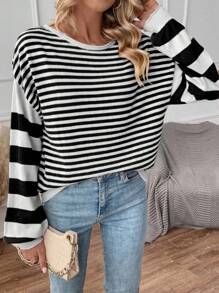 SHEIN LUNE Pullover mit Streifen Muster, Drop Shoulder - Schwarz - Übersicht 3