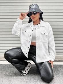 SHEIN EZwear 大碼翻蓋口袋落肩袖夾克 - 白色 - 查看 4