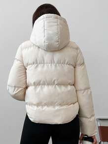 EURMUSE Solid Zip Up Snap Button Hooded Puffer Coat - Apricot - View 2