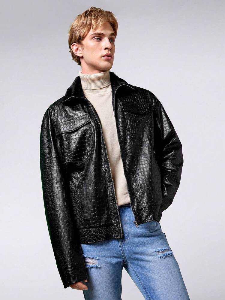 Loose Fit Men's Crocodile Pattern Jacket With Flap Pockets, For Fall Winter