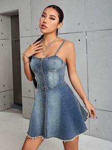 SHEIN ICON Button Front Raw Hem Denim Dress - Dark Wash - View 4