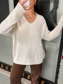 Flirla Talla grande Jersey de hombros caídos tejido de canalé - Albaricoque - Ver 5