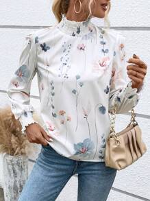 EMERY ROSE 印花褶邊小高領燈籠袖襯衫 - 白色 - 查看 6