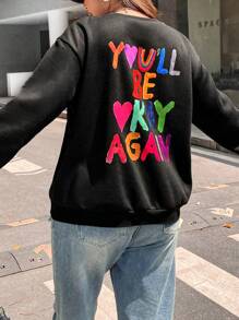 Flirla Plus Heart & Slogan Graphic Drop Shoulder Sweatshirt Pullover Fall Sweatshirt - Black - View 7