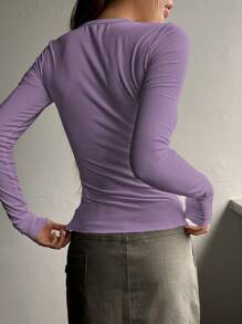 DAZY Button Front Ribbed Knit Tee Long Sleeve Women Tops - Violet Purple - View 2