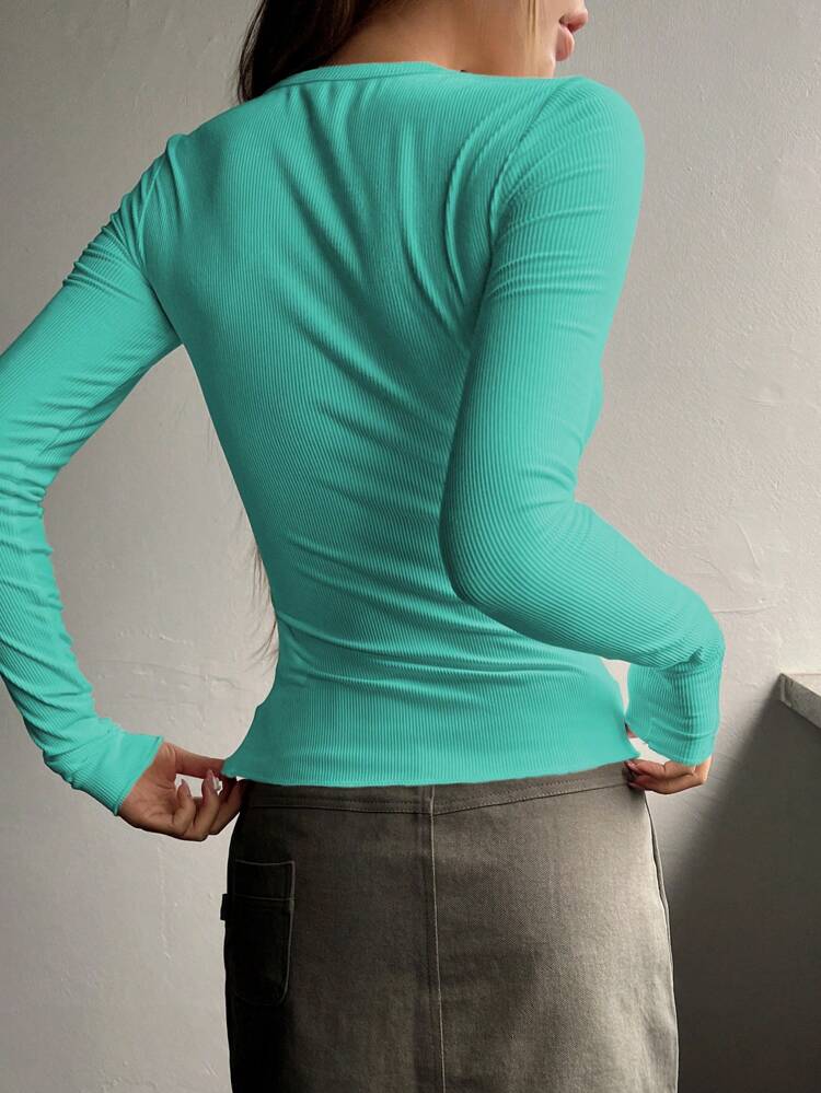 Button Front Ribbed Knit Tee,Fall Clothes,Back To School Clothes Long Sleeve Women Tops