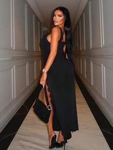 Vestido ribete con fruncido de muslo con abertura - Negro - Ver 4