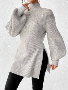 SHEIN Frenchy 小高領落肩袖下擺開叉套頭毛衣 - 灰色 - 查看 5