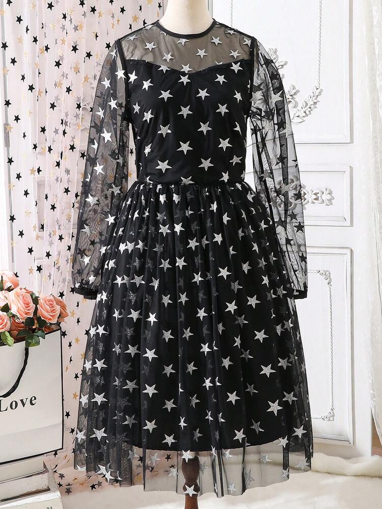 Teen Girl Star Print Mesh Overlay Dress