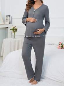 SHEIN Maternity Lettuce Trim Lounge Set - Grey - View 5