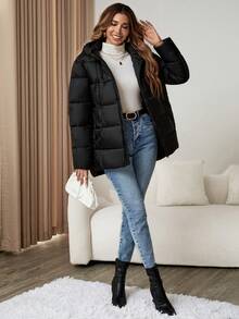 Abrigo acolchado con capucha con cordón y cremallera - Negro - Ver 4