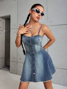 SHEIN ICON Button Front Raw Hem Denim Dress - Dark Wash - View 3
