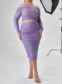 SHEIN Privé Dantelli Sade Artı Beden Co-Ord - Mor - Görünüm 7