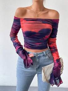 SHEIN Privé 紮染一字肩荷葉袖褶邊短款上衣 - 酒紅色 - 查看 3