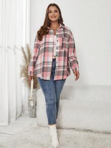 SHEIN LUNE Plus Size Women's Colorful Plaid Long Sleeve Pocket Shirt For Autumn & Winter - Pink - View 6