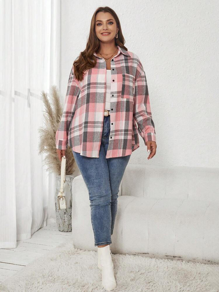 Plus Size Women's Colorful Plaid Long Sleeve Pocket Shirt For Autumn & Winter