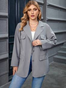 Calvaya Plus Lapel Neck Flap Detail Blazer - Grey - View 1