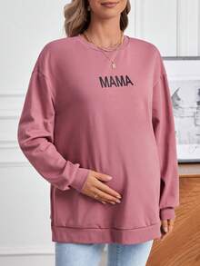 SHEIN Thai sản Đồ họa Chữ cái Thả vai Áo nỉ - Hồng - Xem 4