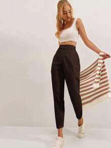 SHEIN Cottnline Solid Fold Pleated Carrot Pants - Brown - View 7