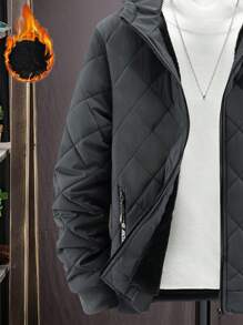 Manfinity Homme 1 件装 男士宽松拉链连帽保暖内衬绗缝外套 - 軍綠色 - 查看 3