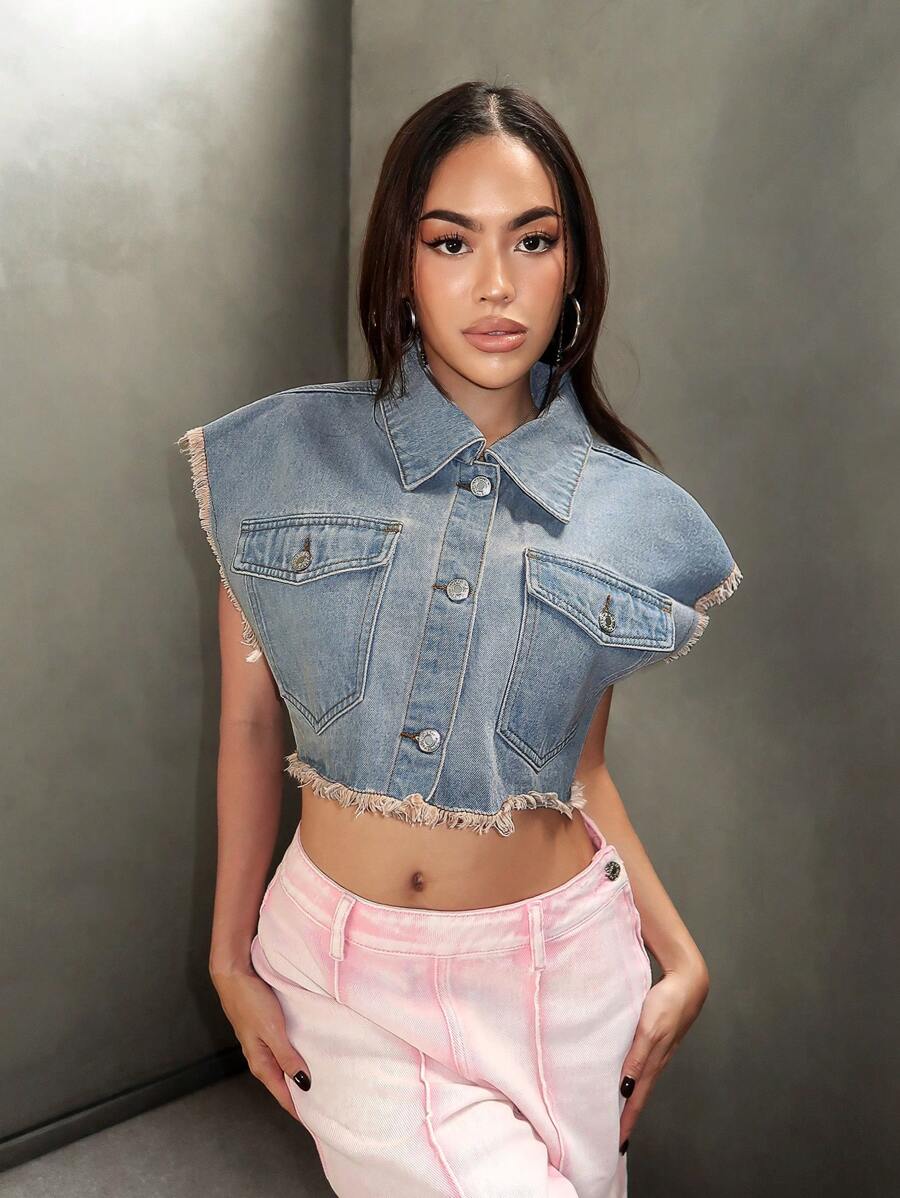 SHEIN EZwear Túi có nắp Xén Thô Áo Crop  Denim - Rửa trung bình - Xem 1