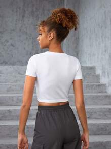 SHEIN 女性青少年無縫針織純色圓領短袖運動t恤 - 白色 - 查看 2