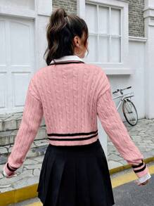 SHEIN EZwear Letter Patched Striped Trim Drop Shoulder Cricket Sweater Without Blouse - Pink - View 2