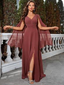 UNITHORSE 斗篷袖高衩雪紡及地伴娘洋裝 - 紅木色 - 查看 2