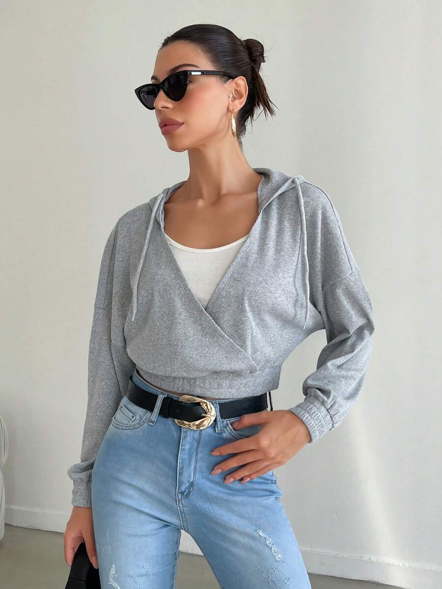 SHEIN Cottnline Women's Wrap Hooded Sweatshirt - Grey - View 1