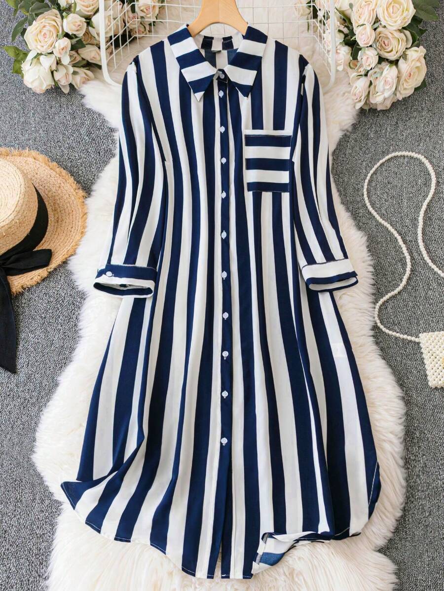 SHEIN LUNE Hơn In sọc Vá Túi Váy sơ mi - Xanh và trắng - Xem 1