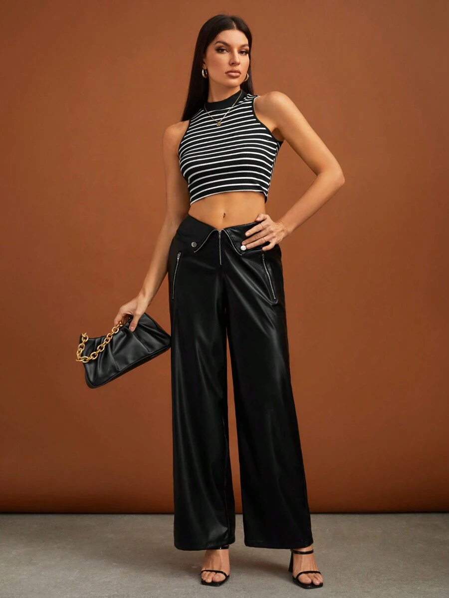 SHEIN Tall Gập eo Dây kéo bay chất liệu da PU Quần ống rộng - màu đen - Xem 1