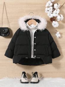 SHEIN 女婴毛绒装饰连帽棉服外套（不含 T 恤） - 黑色 - 查看 1