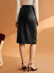 BizChic 素色圍裹側打結PU皮革半身裙 - 黑色 - 查看 6