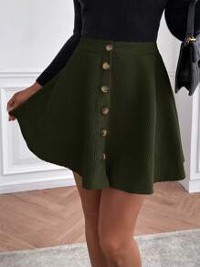 SHEIN Essnce Single Breasted Flare Skirt - Green - View 1
