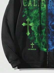 ROMWE MEN Goth Men Letter Printed Zipper Placket Drawstring Hooded Sweatshirt - Black - View 4